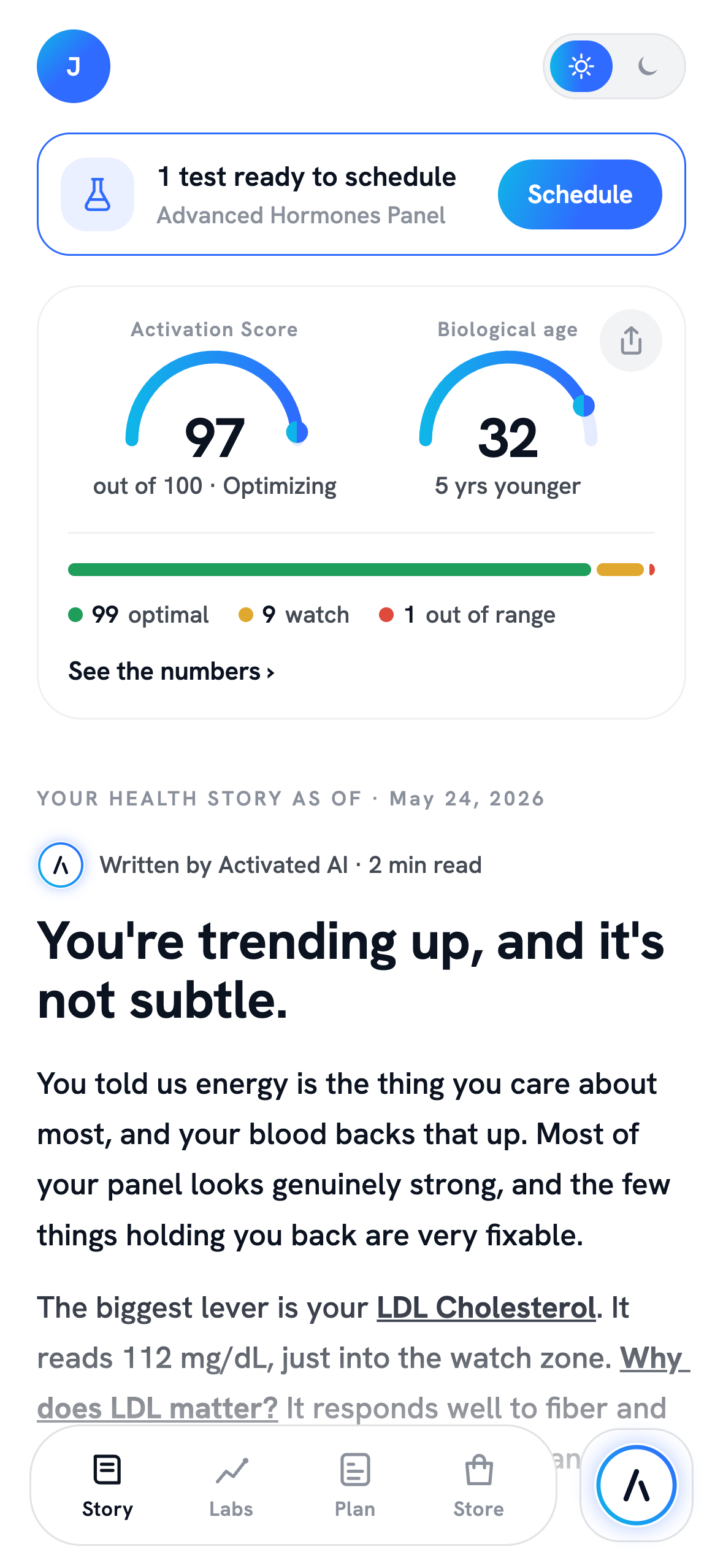 The Activated app front screen: your Activation Score, biological age, and next test ready to schedule